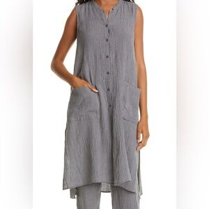 Eileen Fisher Pucker Check Organic Linen Button-Up
Tunic in Moon Grey